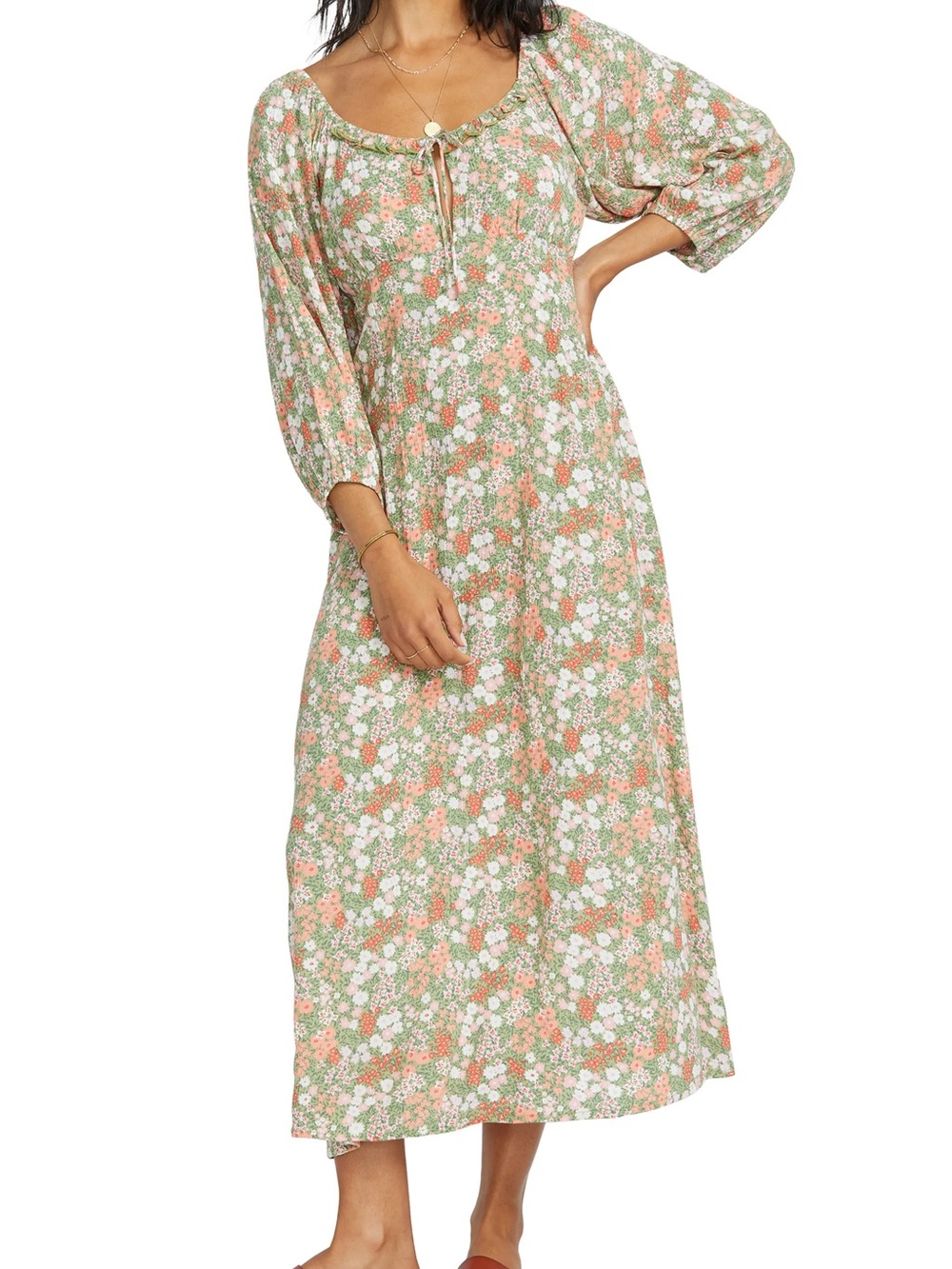 Billabong Green Floral Maxi Dress with Coral & White Accents